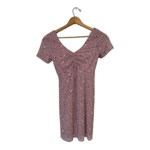 Hollister Pink Mauve Floral Mesh Mini Dress Ruched Tie Front XS